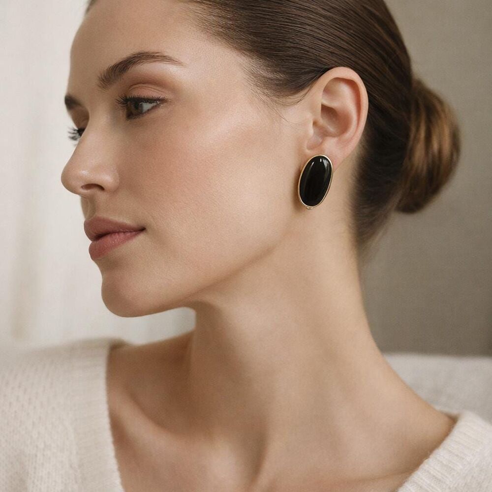 Vintage Black Cabochon Gold Clip On Earrings Minimalist Oval Statement 80s 90s - Picture 2 of 9